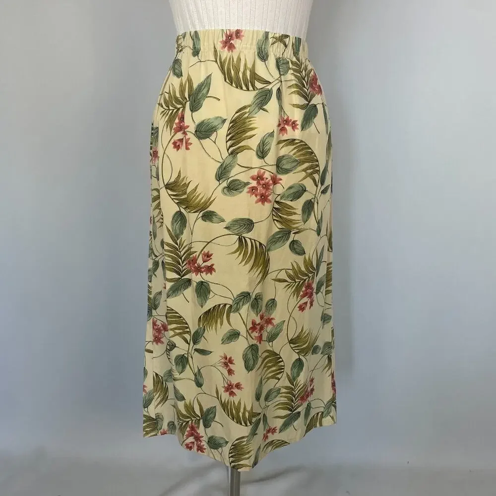 Vintage Midi Skirt Size Small Cream Yellow Floral Print Tropical Boho Linen 90s